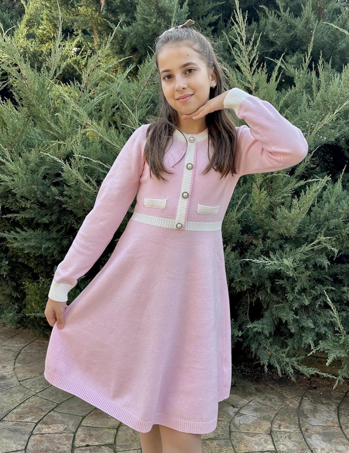 imageArshiner Girls Sweater Dress Long Sleeve Button Knit Fall Winter Pullover Dresses for Kids 512 YearsPinkwhite