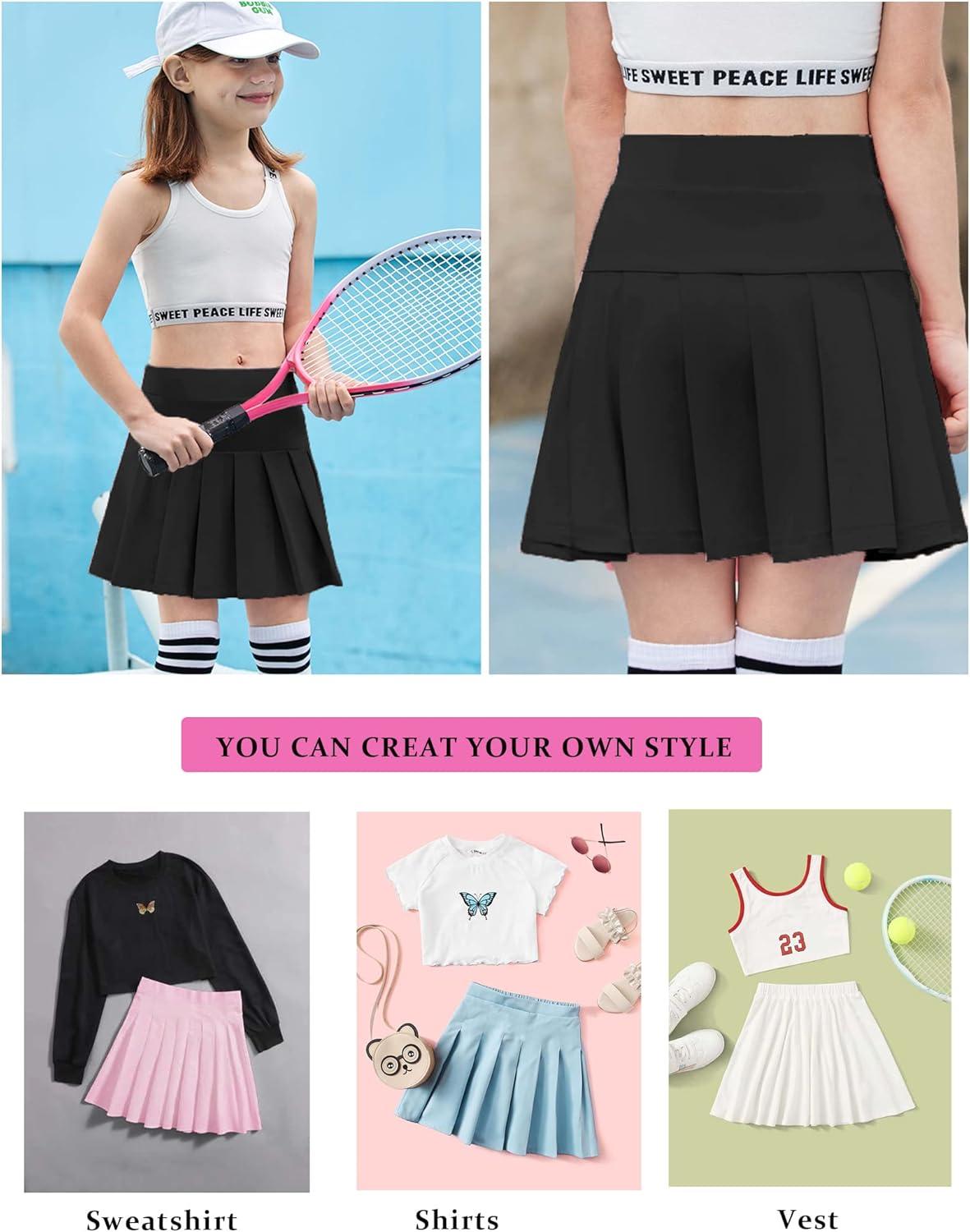 imageArshiner Girls Tennis Skirts with Shorts Athletic Pleated Skirt Workout Performance Skorts with Pockets for Kids 413YBlack