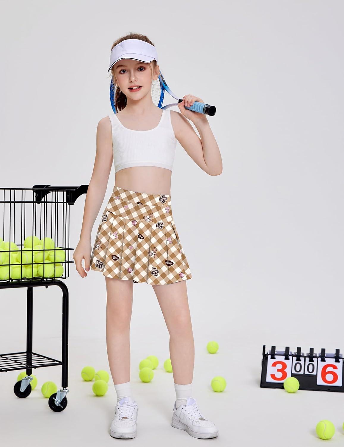 imageArshiner Girls Tennis Skirts with Shorts Athletic Pleated Skirt Workout Performance Skorts with Pockets for Kids 413YKhaki