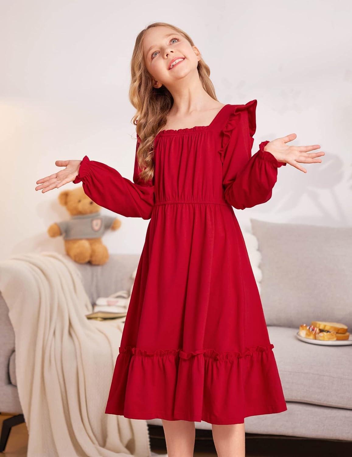 imageArshiner Girls Trendy Long Sleeve Ruffle Hem Elastic Waist Cute Elegant Midi Dresses 613 Years