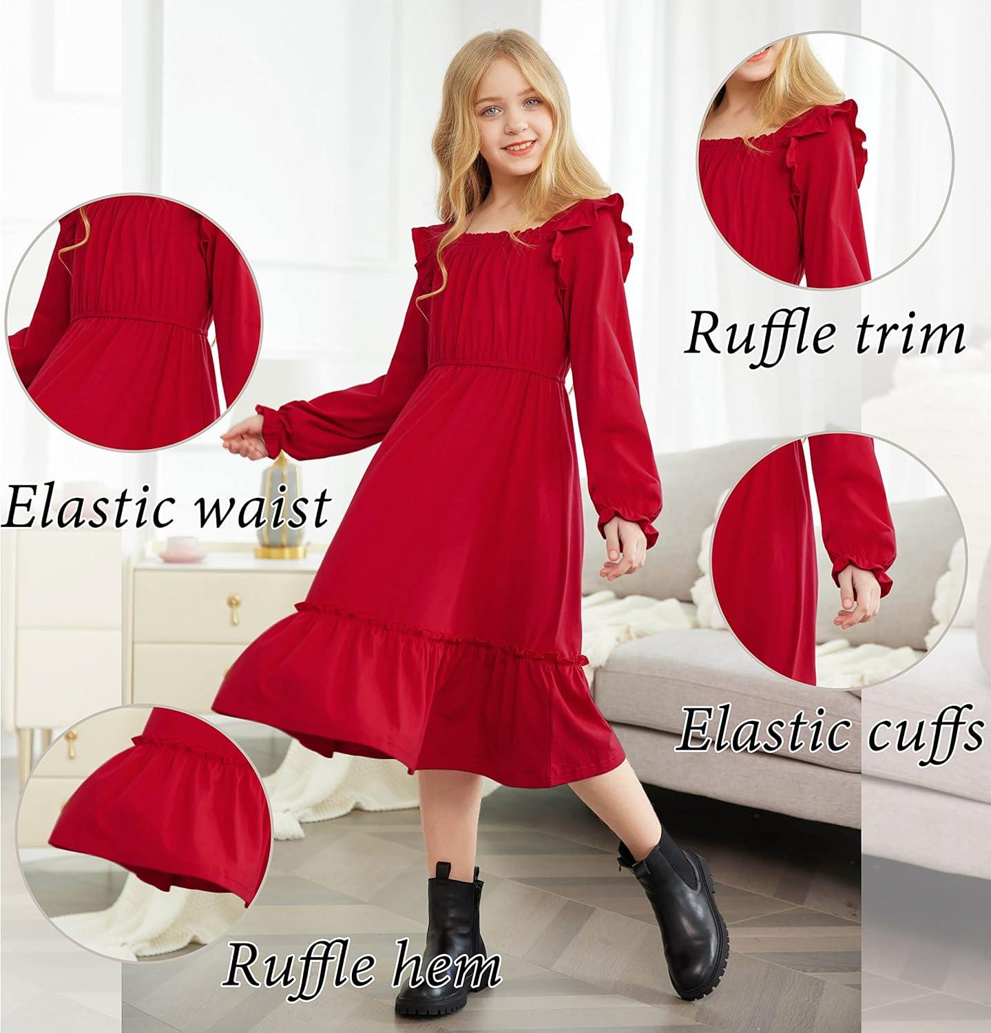 imageArshiner Girls Trendy Long Sleeve Ruffle Hem Elastic Waist Cute Elegant Midi Dresses 613 Years