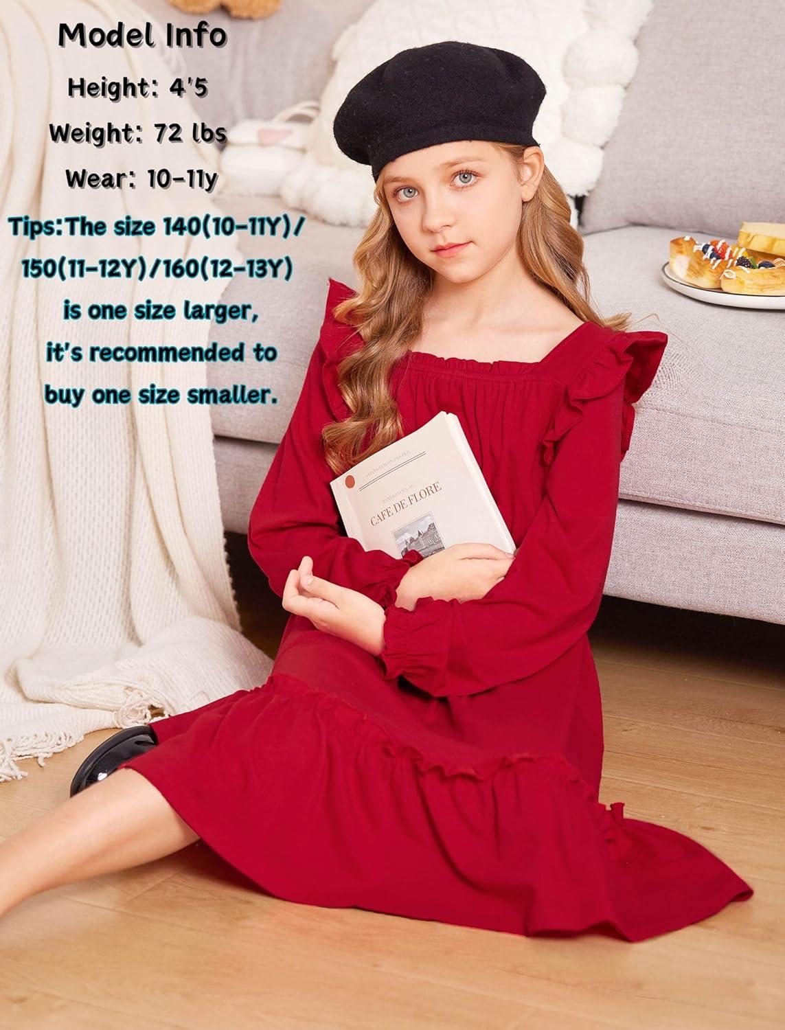 imageArshiner Girls Trendy Long Sleeve Ruffle Hem Elastic Waist Cute Elegant Midi Dresses 613 Years