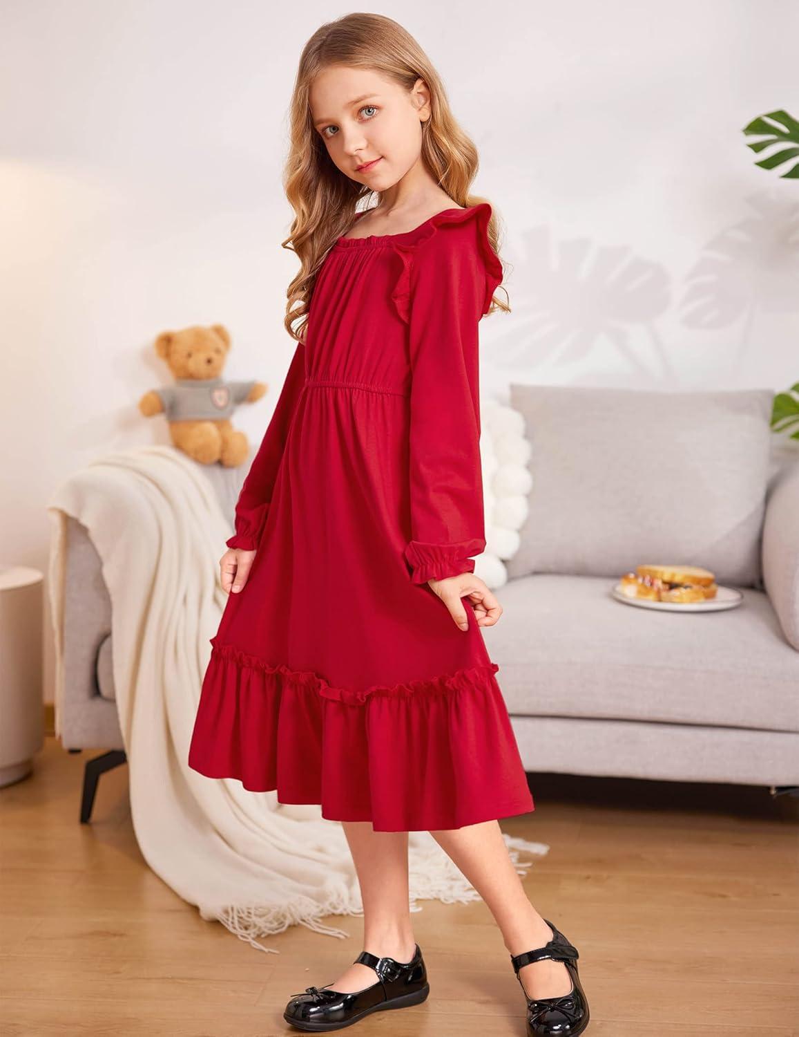 imageArshiner Girls Trendy Long Sleeve Ruffle Hem Elastic Waist Cute Elegant Midi Dresses 613 Years