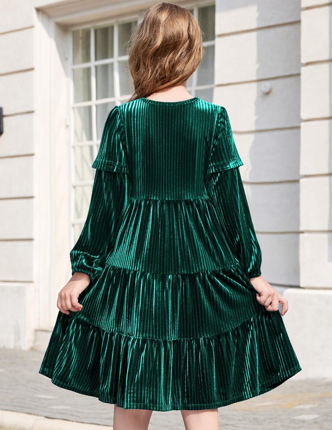 imageArshiner Girls Velvet Tiered Dress Long Sleeve Crew Neck Elegant Tween Twirly Dresses for 613 YearsAgreen