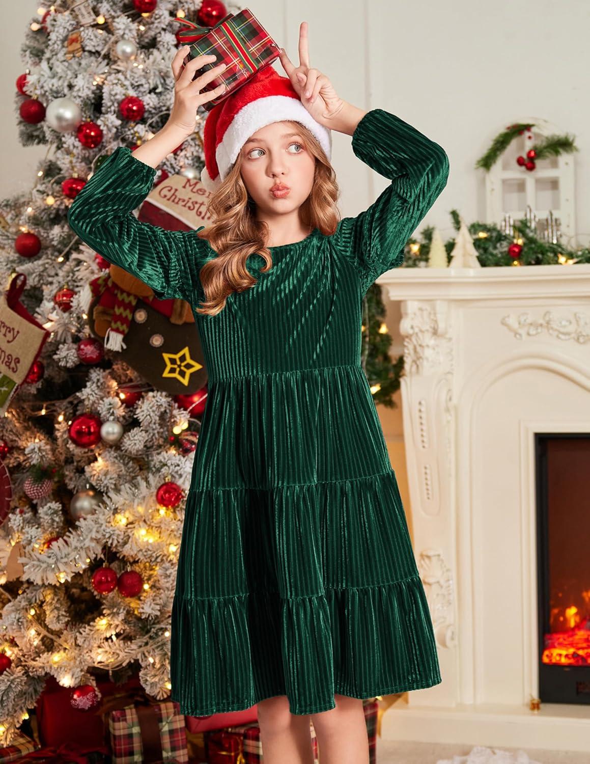 imageArshiner Girls Velvet Tiered Dress Long Sleeve Crew Neck Elegant Tween Twirly Dresses for 613 YearsAgreen