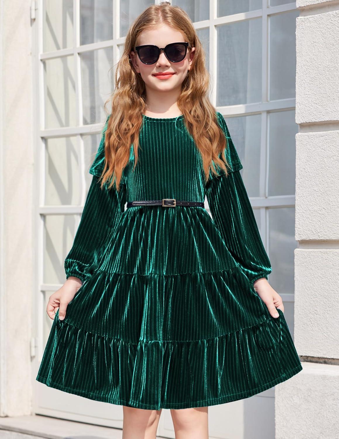 imageArshiner Girls Velvet Tiered Dress Long Sleeve Crew Neck Elegant Tween Twirly Dresses for 613 YearsAgreen