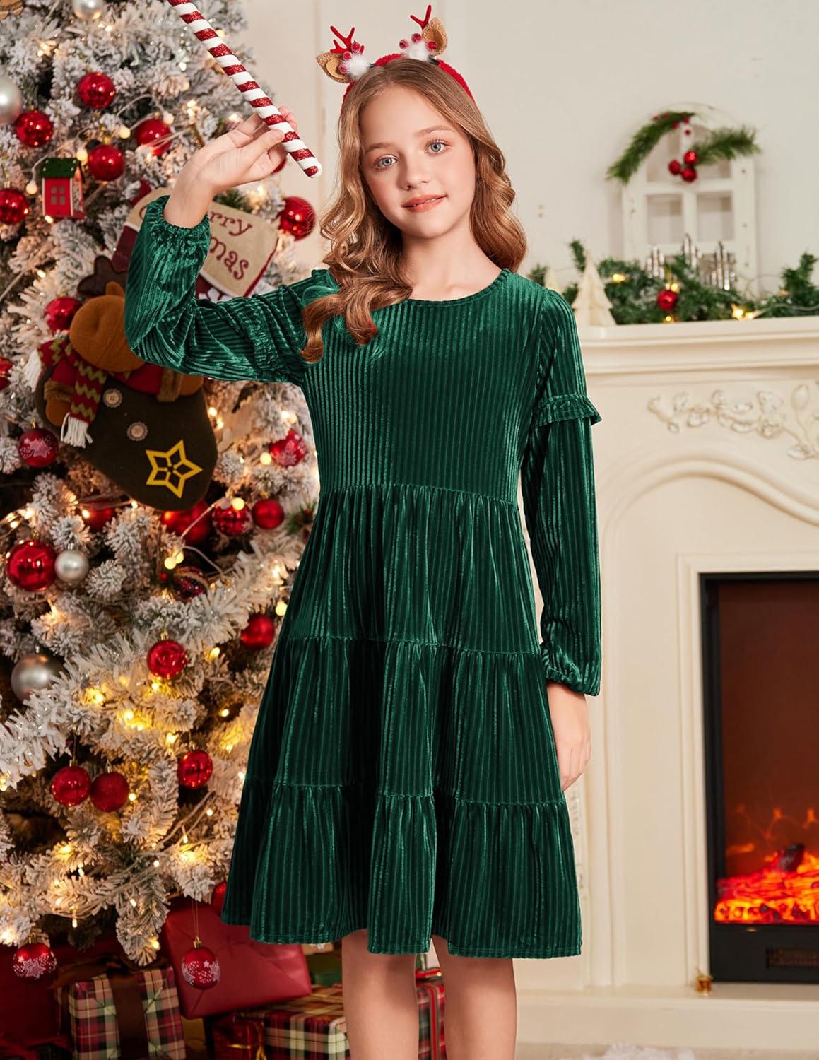 imageArshiner Girls Velvet Tiered Dress Long Sleeve Crew Neck Elegant Tween Twirly Dresses for 613 YearsAgreen