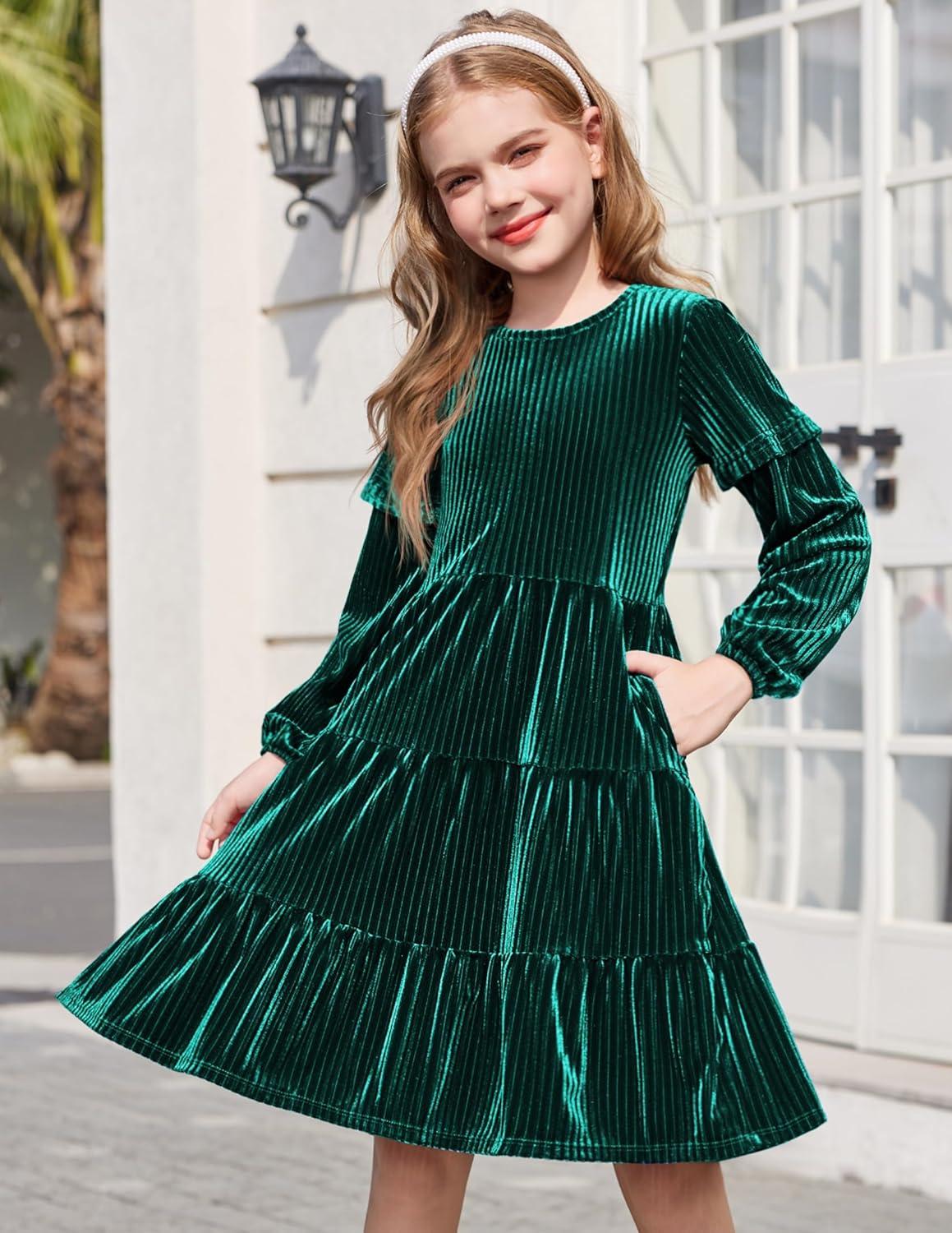 imageArshiner Girls Velvet Tiered Dress Long Sleeve Crew Neck Elegant Tween Twirly Dresses for 613 YearsAgreen