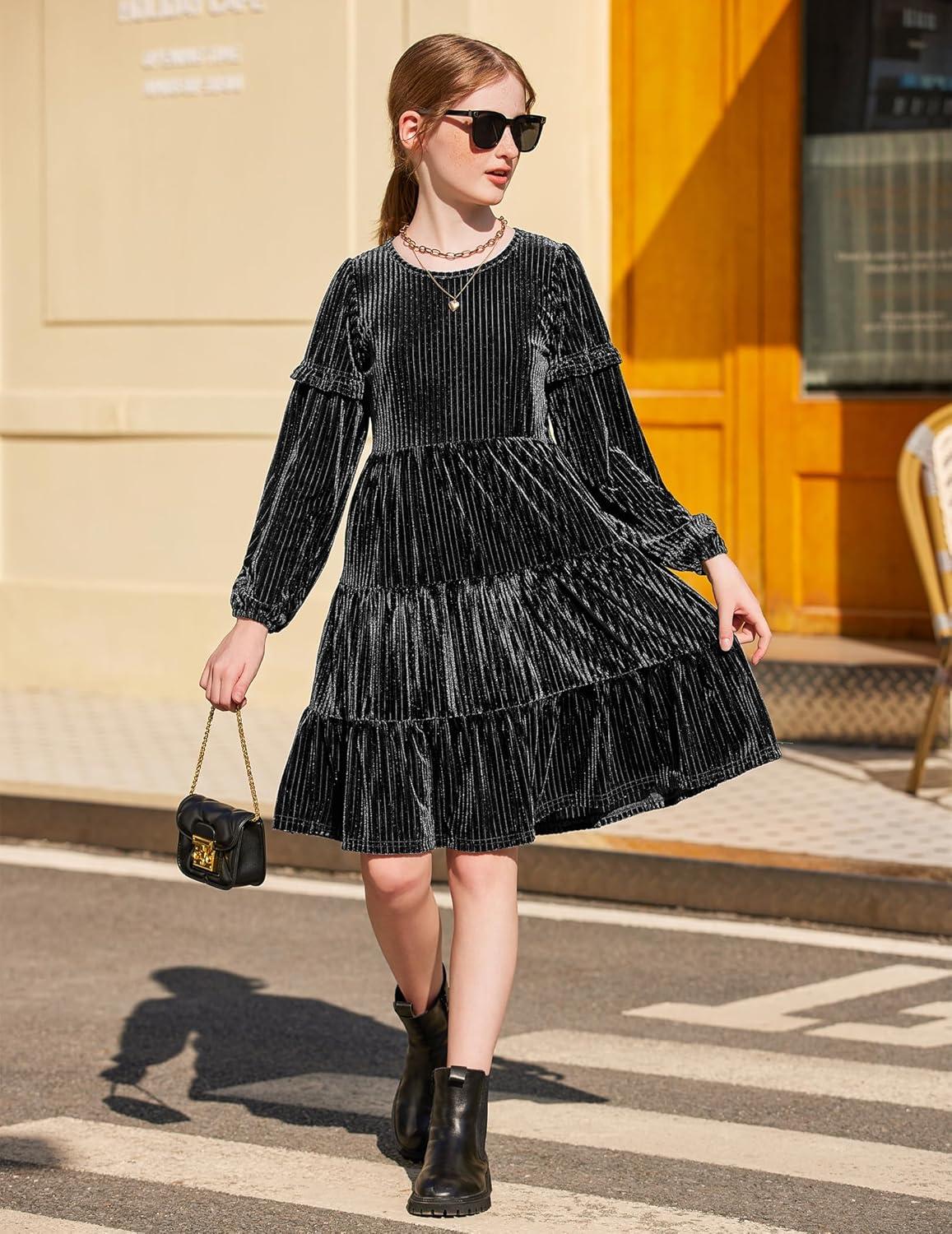 imageArshiner Girls Velvet Tiered Dress Long Sleeve Crew Neck Elegant Tween Twirly Dresses for 613 YearsBlack