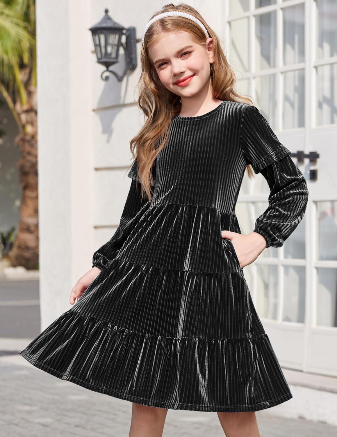 imageArshiner Girls Velvet Tiered Dress Long Sleeve Crew Neck Elegant Tween Twirly Dresses for 613 YearsBlack