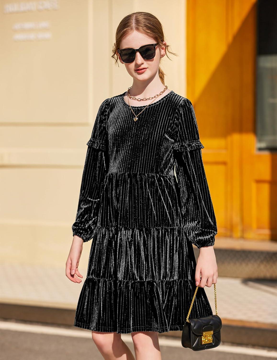imageArshiner Girls Velvet Tiered Dress Long Sleeve Crew Neck Elegant Tween Twirly Dresses for 613 YearsBlack