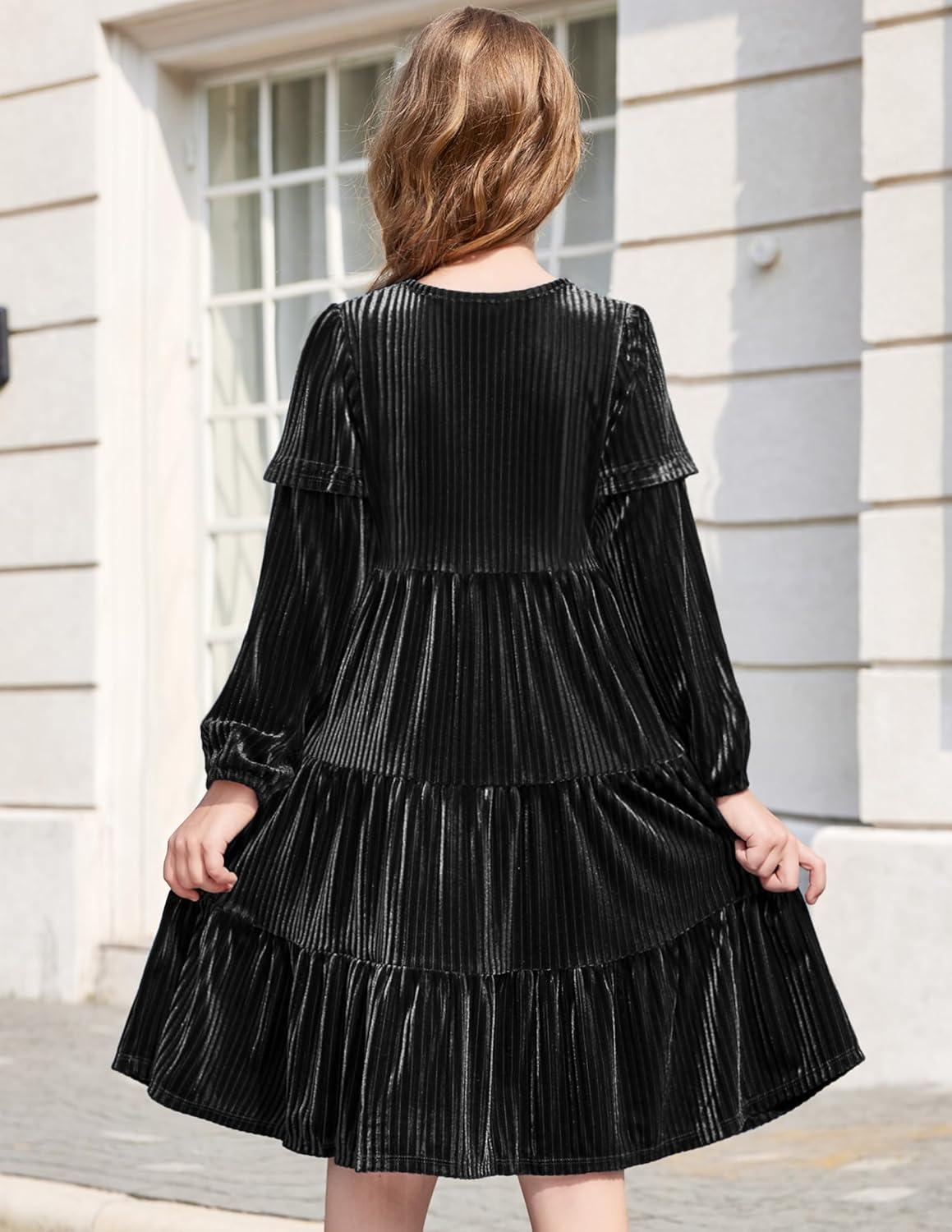 imageArshiner Girls Velvet Tiered Dress Long Sleeve Crew Neck Elegant Tween Twirly Dresses for 613 YearsBlack