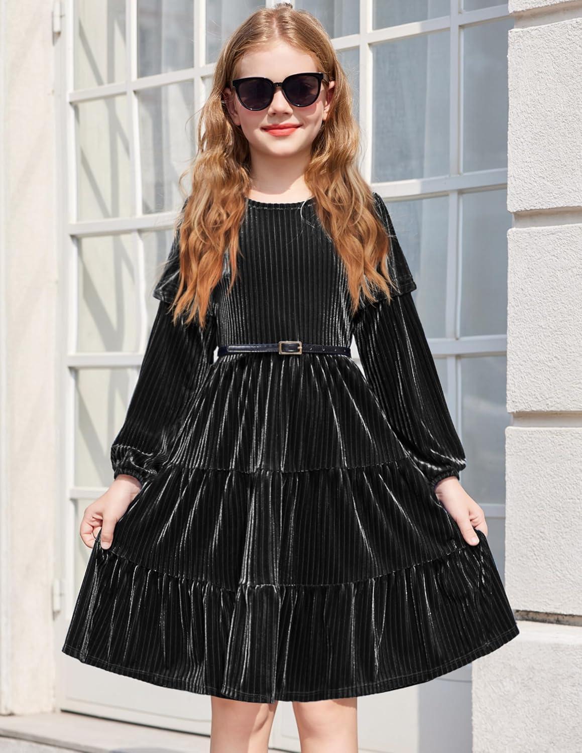 imageArshiner Girls Velvet Tiered Dress Long Sleeve Crew Neck Elegant Tween Twirly Dresses for 613 YearsBlack