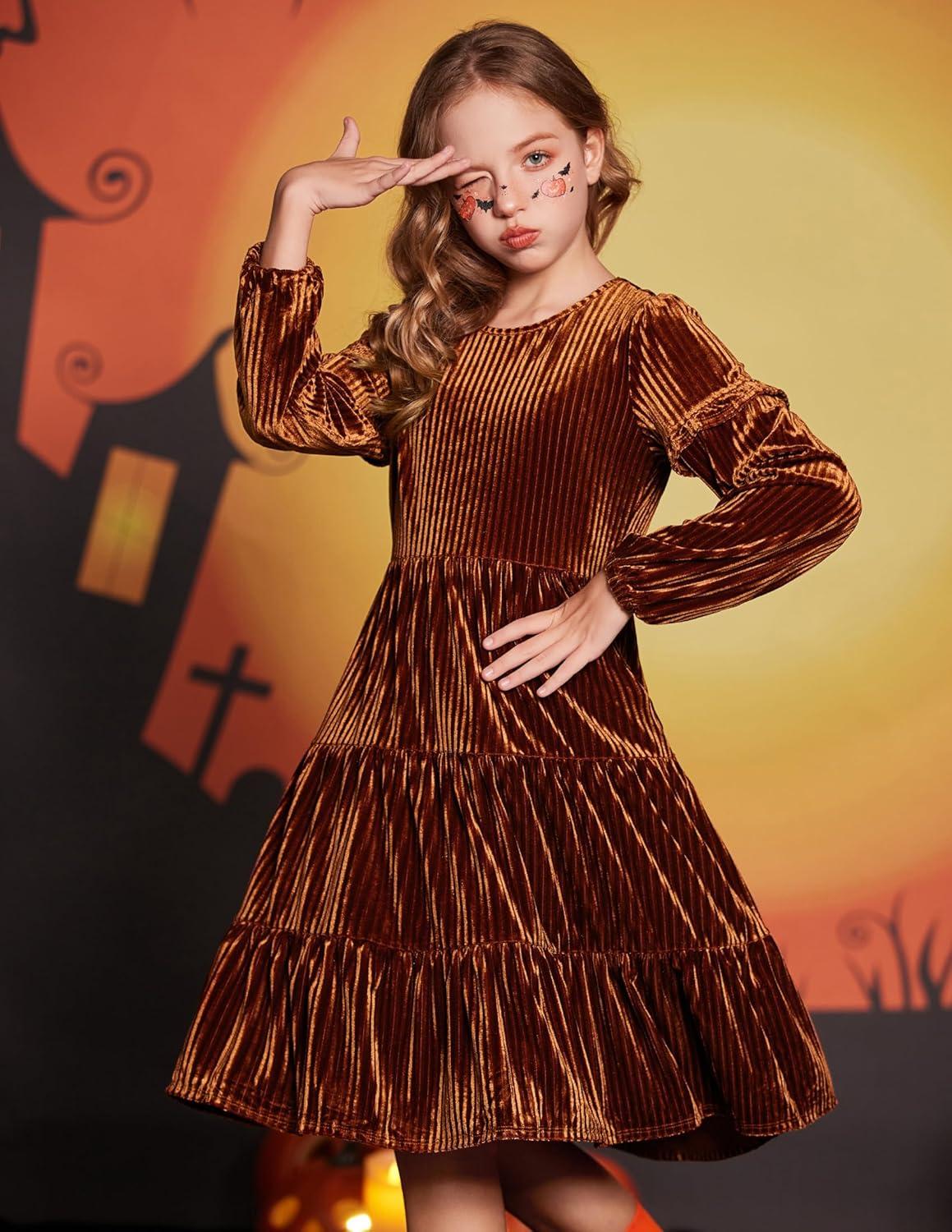 imageArshiner Girls Velvet Tiered Dress Long Sleeve Crew Neck Elegant Tween Twirly Dresses for 613 YearsCaramel