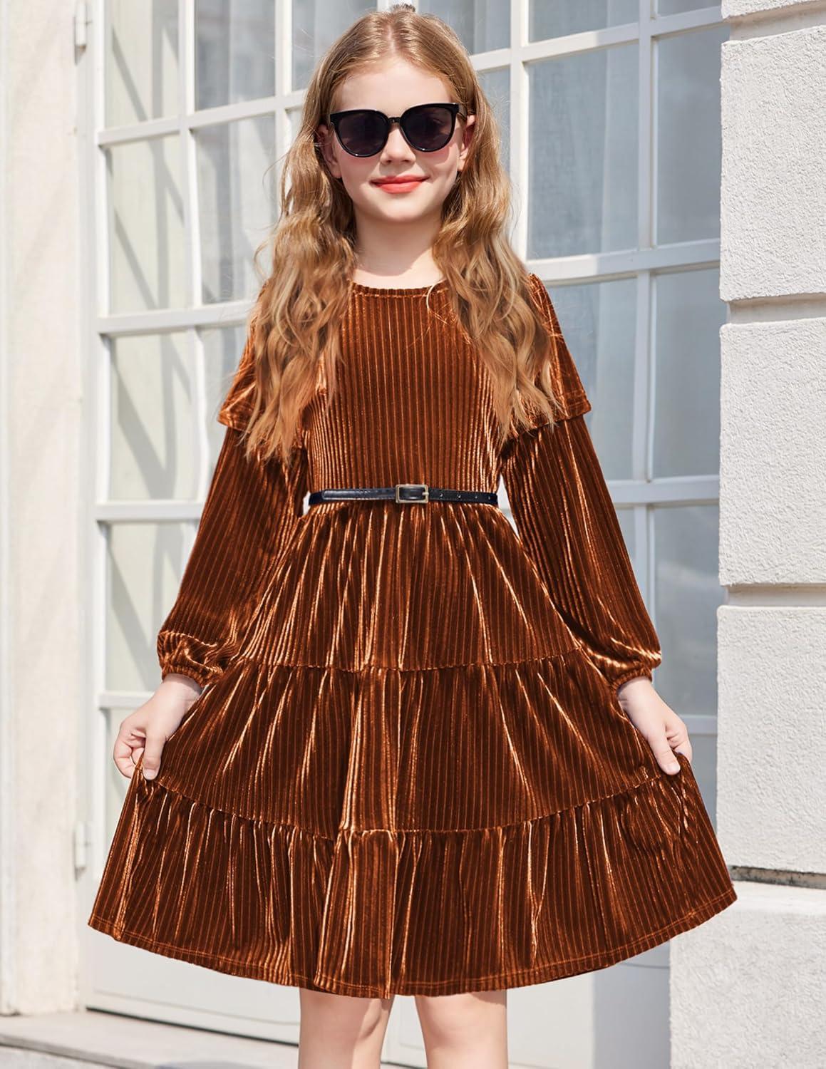 imageArshiner Girls Velvet Tiered Dress Long Sleeve Crew Neck Elegant Tween Twirly Dresses for 613 YearsCaramel