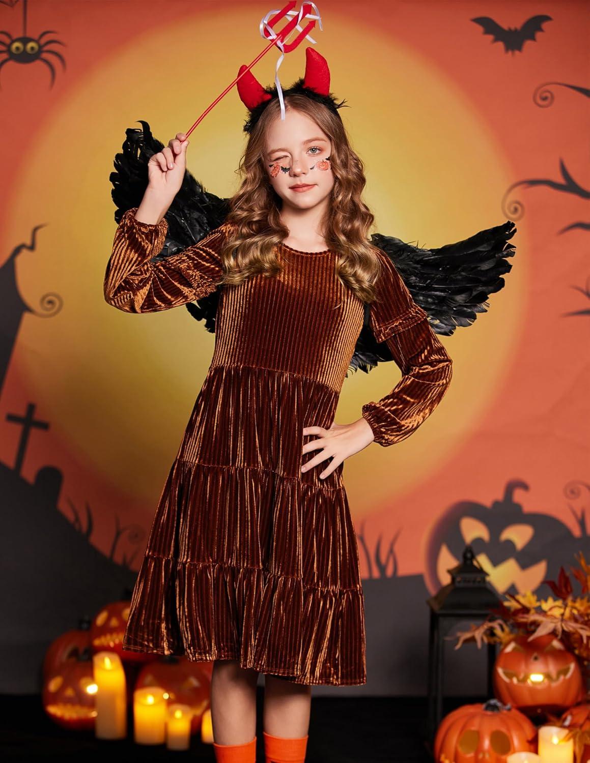 imageArshiner Girls Velvet Tiered Dress Long Sleeve Crew Neck Elegant Tween Twirly Dresses for 613 YearsCaramel