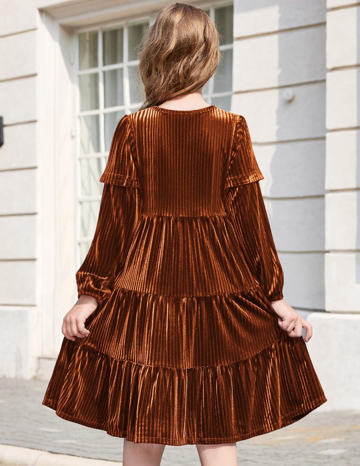 imageArshiner Girls Velvet Tiered Dress Long Sleeve Crew Neck Elegant Tween Twirly Dresses for 613 YearsCaramel