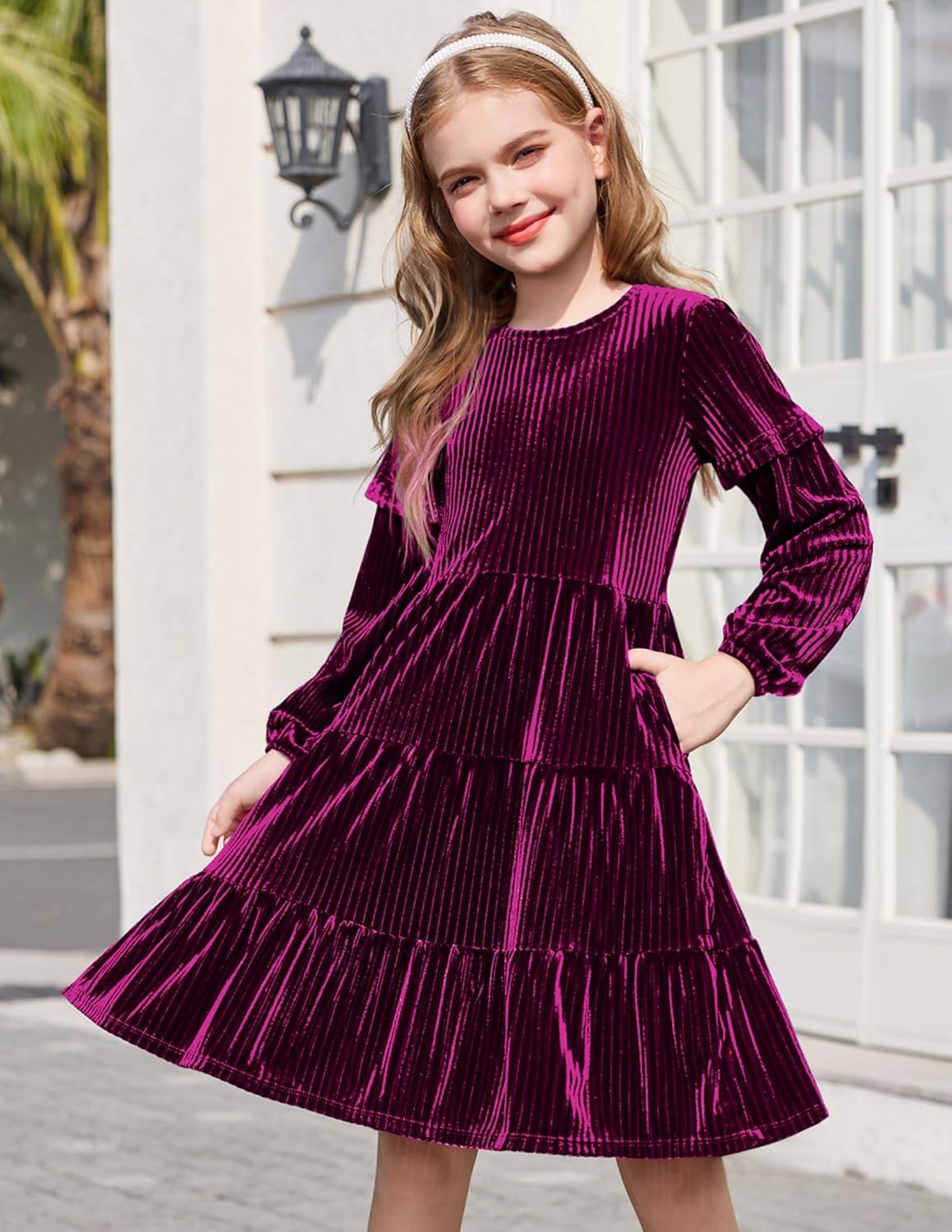 imageArshiner Girls Velvet Tiered Dress Long Sleeve Crew Neck Elegant Tween Twirly Dresses for 613 YearsFuchsia
