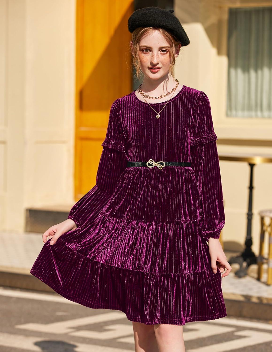 imageArshiner Girls Velvet Tiered Dress Long Sleeve Crew Neck Elegant Tween Twirly Dresses for 613 YearsFuchsia