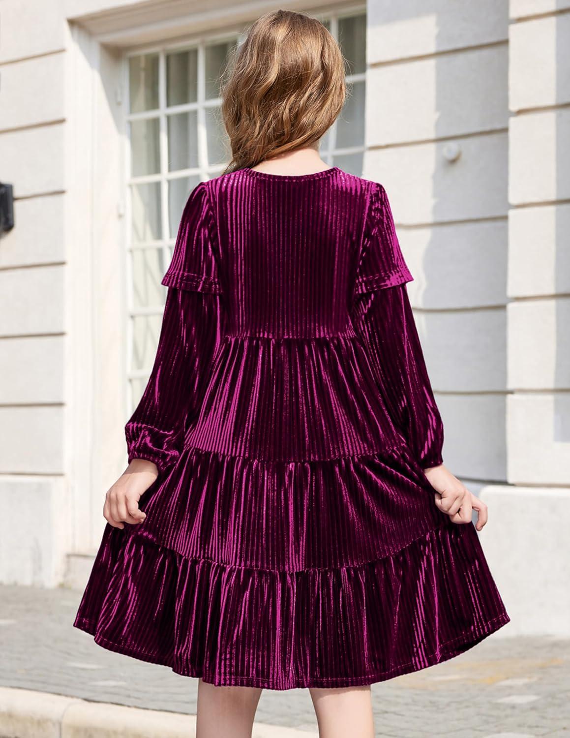 imageArshiner Girls Velvet Tiered Dress Long Sleeve Crew Neck Elegant Tween Twirly Dresses for 613 YearsFuchsia