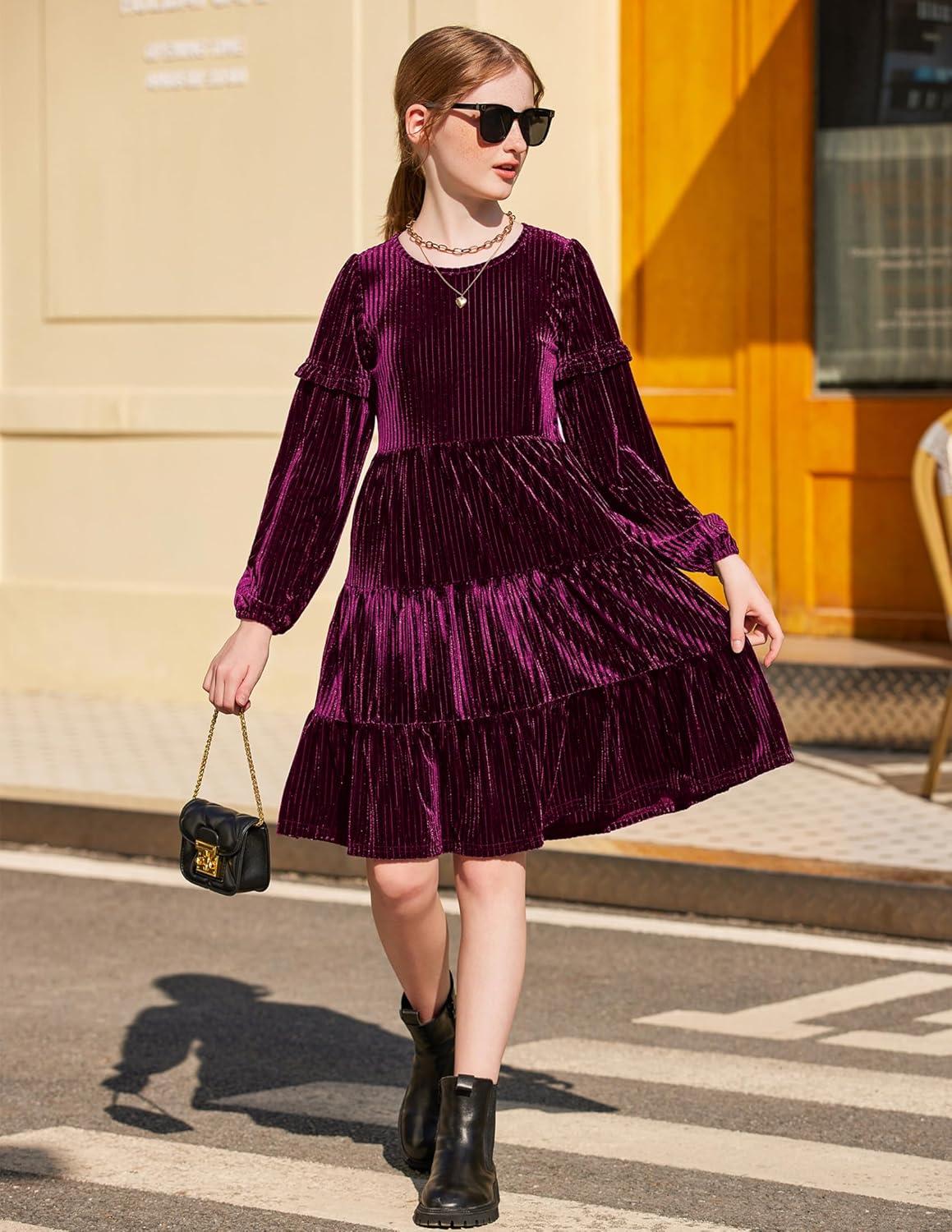 imageArshiner Girls Velvet Tiered Dress Long Sleeve Crew Neck Elegant Tween Twirly Dresses for 613 YearsFuchsia