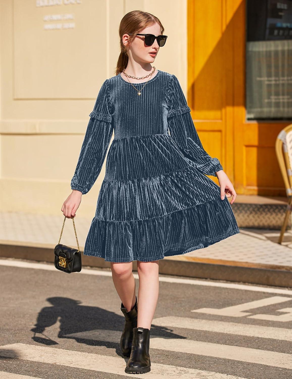 imageArshiner Girls Velvet Tiered Dress Long Sleeve Crew Neck Elegant Tween Twirly Dresses for 613 YearsGray Blue