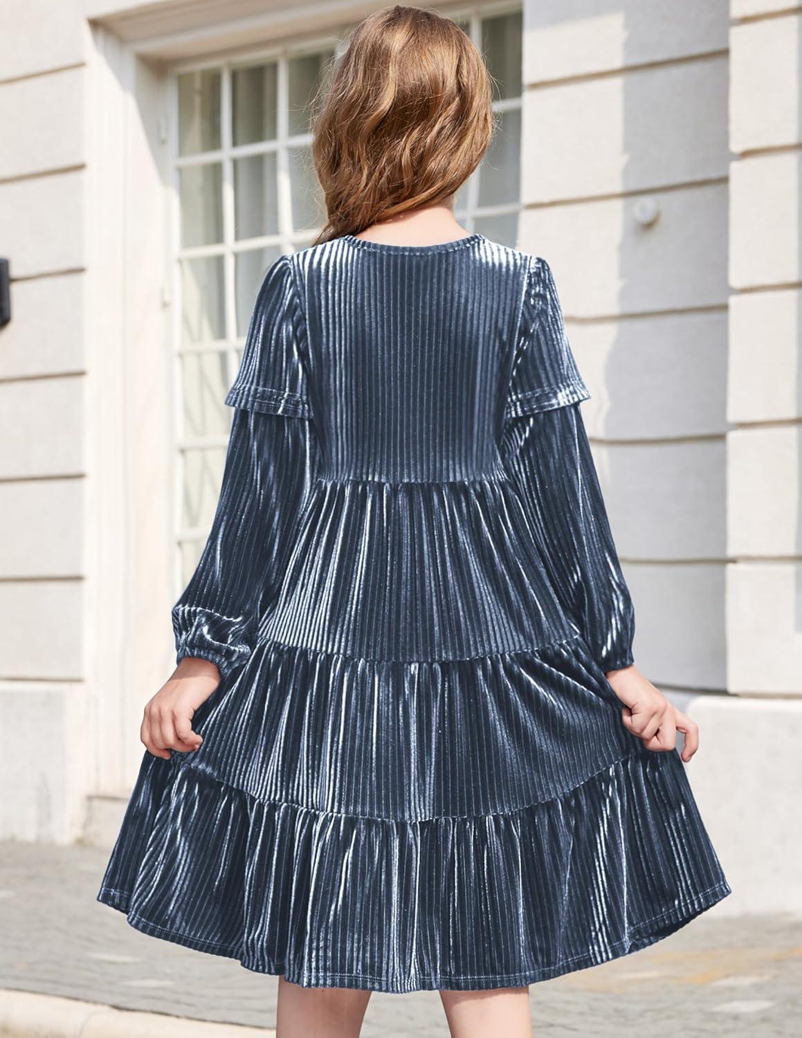 imageArshiner Girls Velvet Tiered Dress Long Sleeve Crew Neck Elegant Tween Twirly Dresses for 613 YearsGray Blue