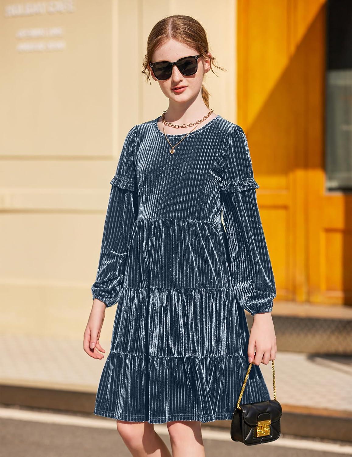imageArshiner Girls Velvet Tiered Dress Long Sleeve Crew Neck Elegant Tween Twirly Dresses for 613 YearsGray Blue
