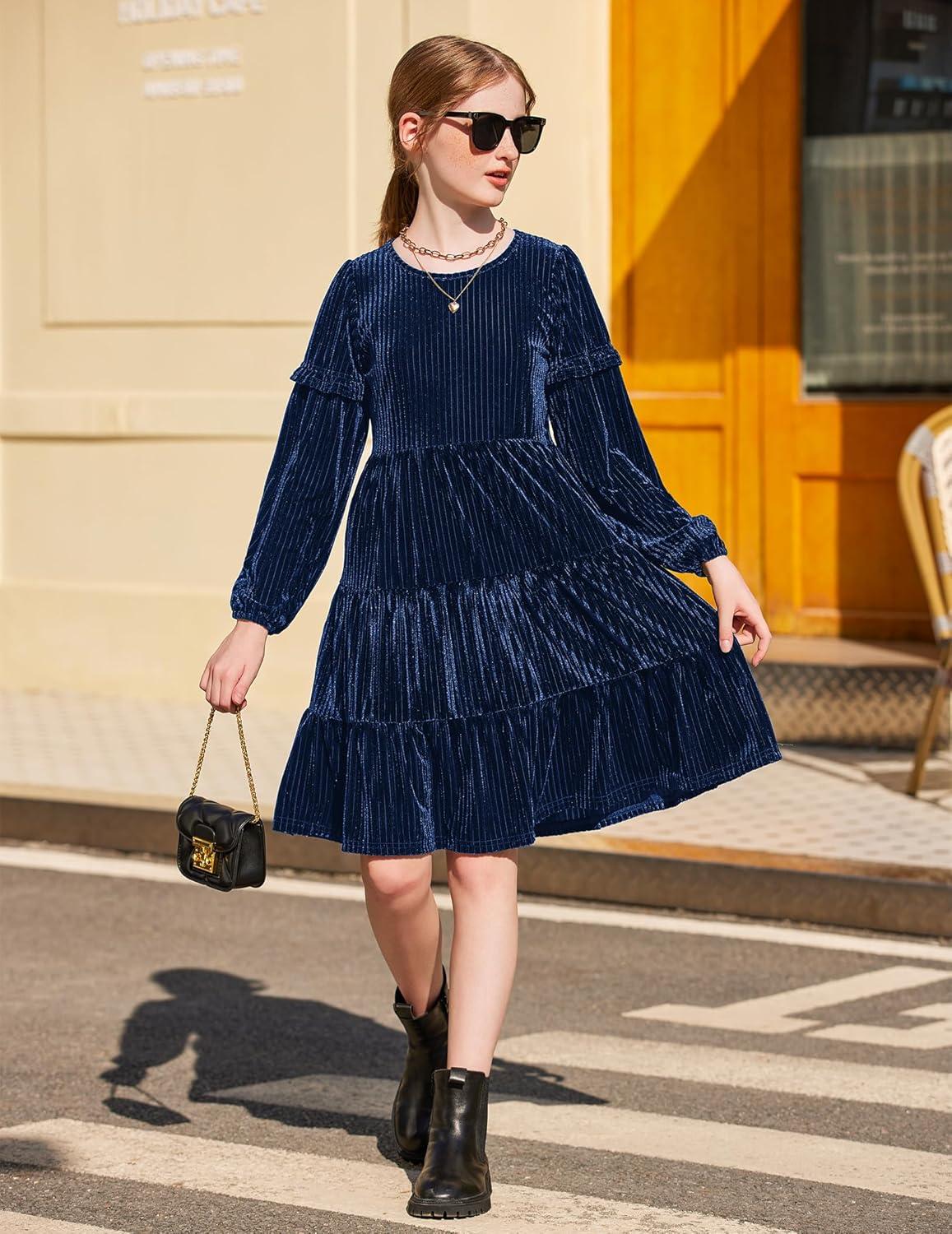 imageArshiner Girls Velvet Tiered Dress Long Sleeve Crew Neck Elegant Tween Twirly Dresses for 613 YearsNavy Blue