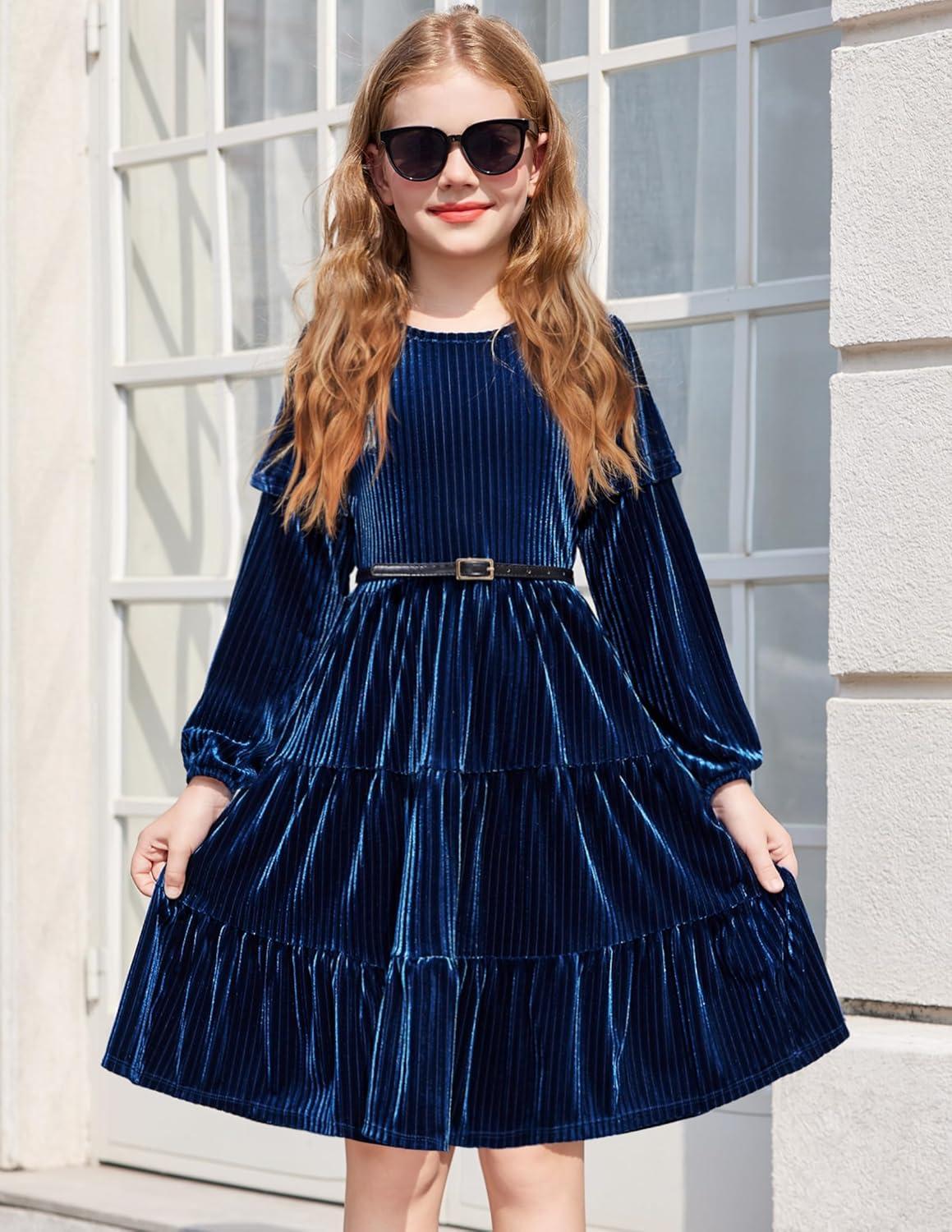 imageArshiner Girls Velvet Tiered Dress Long Sleeve Crew Neck Elegant Tween Twirly Dresses for 613 YearsNavy Blue