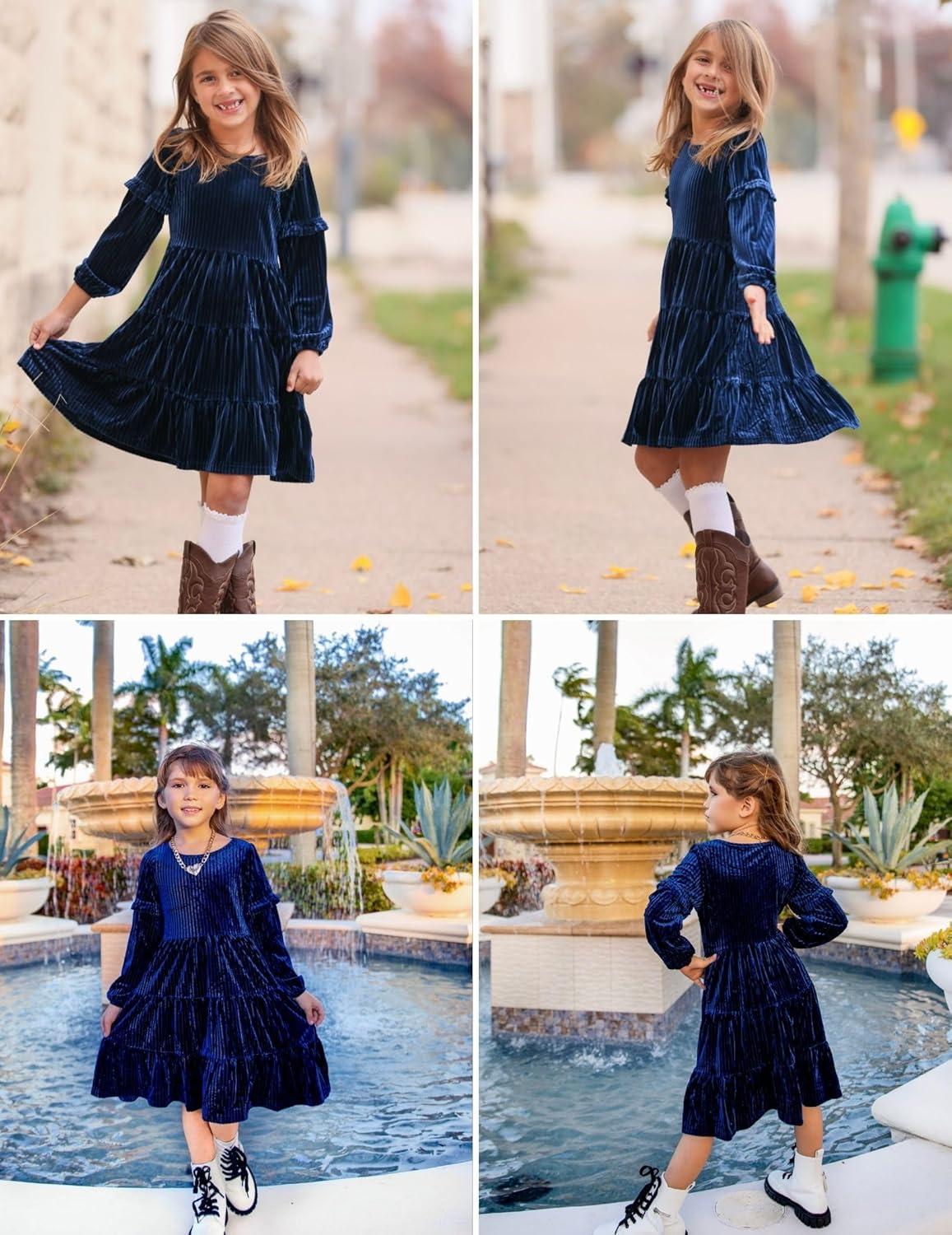imageArshiner Girls Velvet Tiered Dress Long Sleeve Crew Neck Elegant Tween Twirly Dresses for 613 YearsNavy Blue