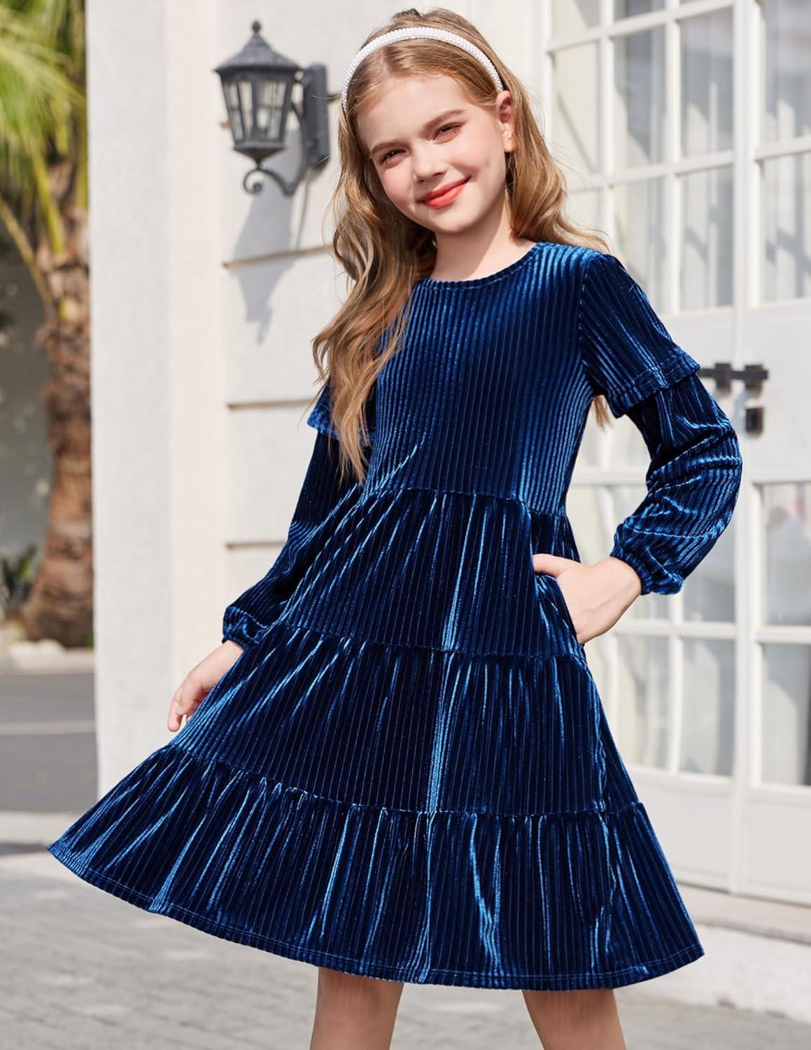 imageArshiner Girls Velvet Tiered Dress Long Sleeve Crew Neck Elegant Tween Twirly Dresses for 613 YearsNavy Blue