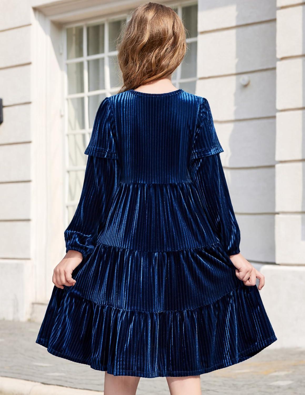 imageArshiner Girls Velvet Tiered Dress Long Sleeve Crew Neck Elegant Tween Twirly Dresses for 613 YearsNavy Blue