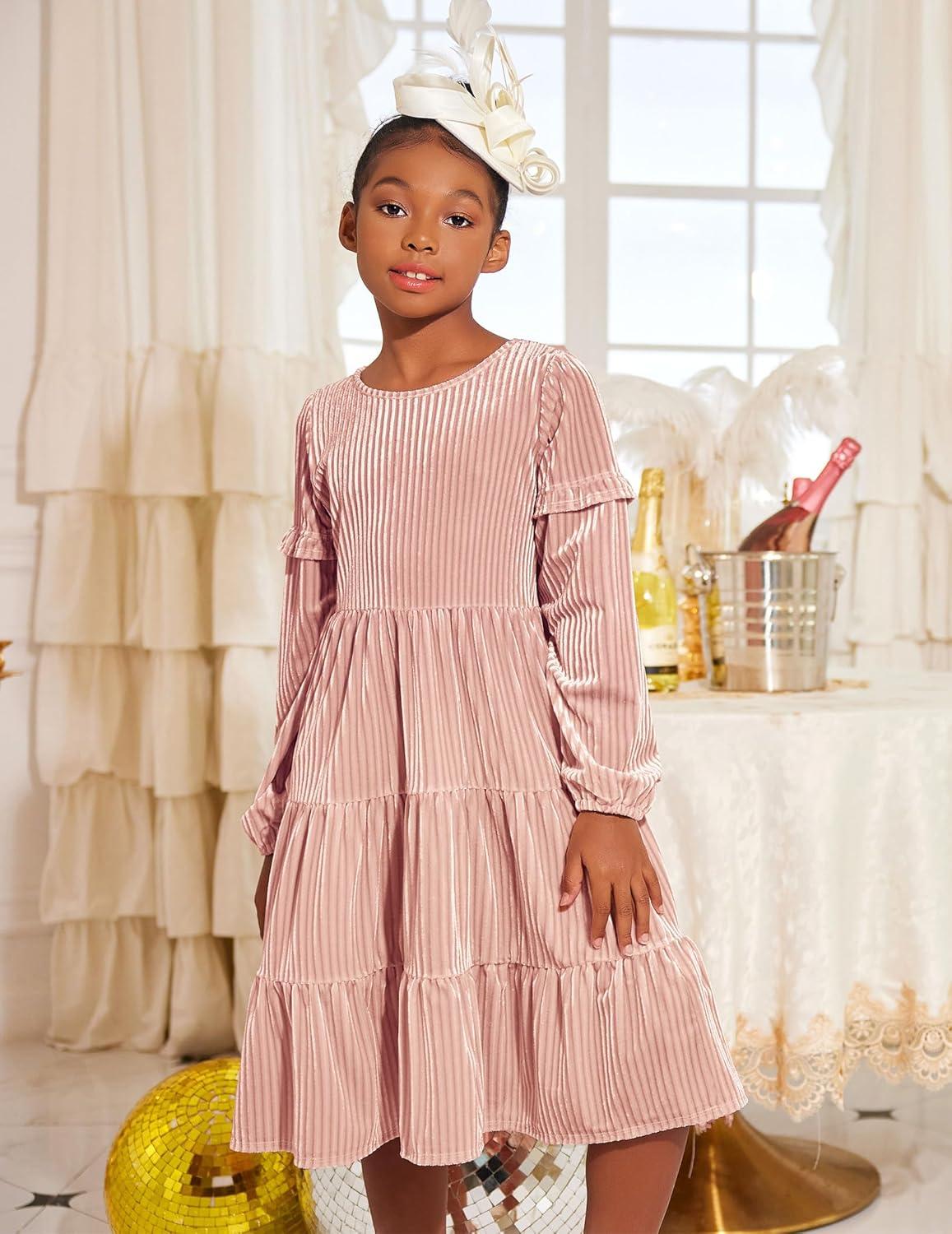 imageArshiner Girls Velvet Tiered Dress Long Sleeve Crew Neck Elegant Tween Twirly Dresses for 613 YearsPink
