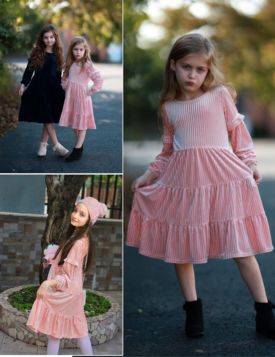 imageArshiner Girls Velvet Tiered Dress Long Sleeve Crew Neck Elegant Tween Twirly Dresses for 613 YearsPink