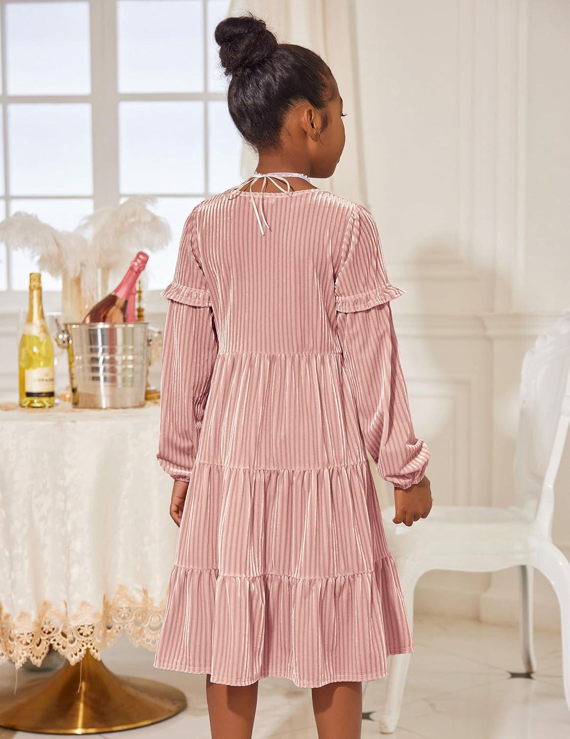 imageArshiner Girls Velvet Tiered Dress Long Sleeve Crew Neck Elegant Tween Twirly Dresses for 613 YearsPink