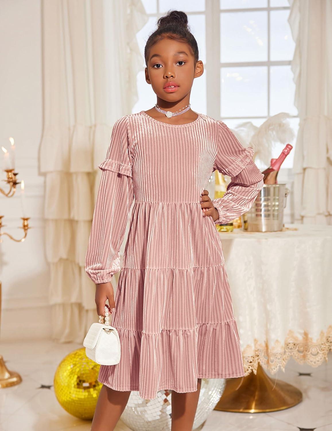 imageArshiner Girls Velvet Tiered Dress Long Sleeve Crew Neck Elegant Tween Twirly Dresses for 613 YearsPink