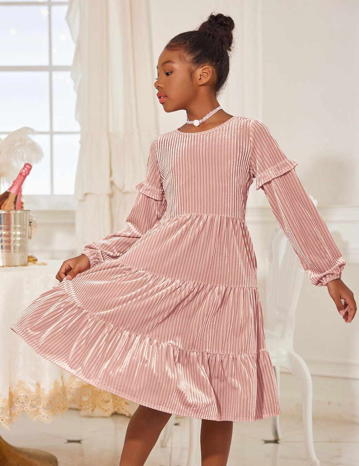 imageArshiner Girls Velvet Tiered Dress Long Sleeve Crew Neck Elegant Tween Twirly Dresses for 613 YearsPink