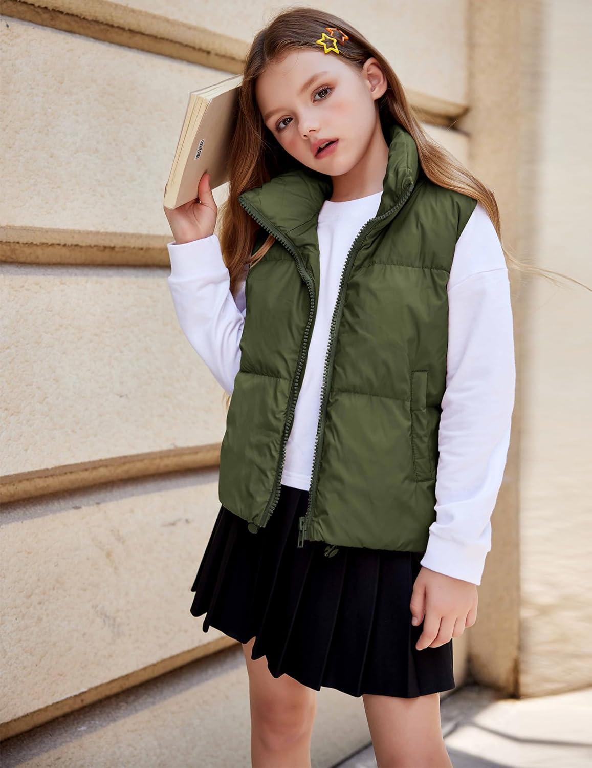 imageArshiner Girls Winter Zipper Puffer Vest Lightweight Sleeveless Outwear Puffy Vests for 512 Years OldArmy Green