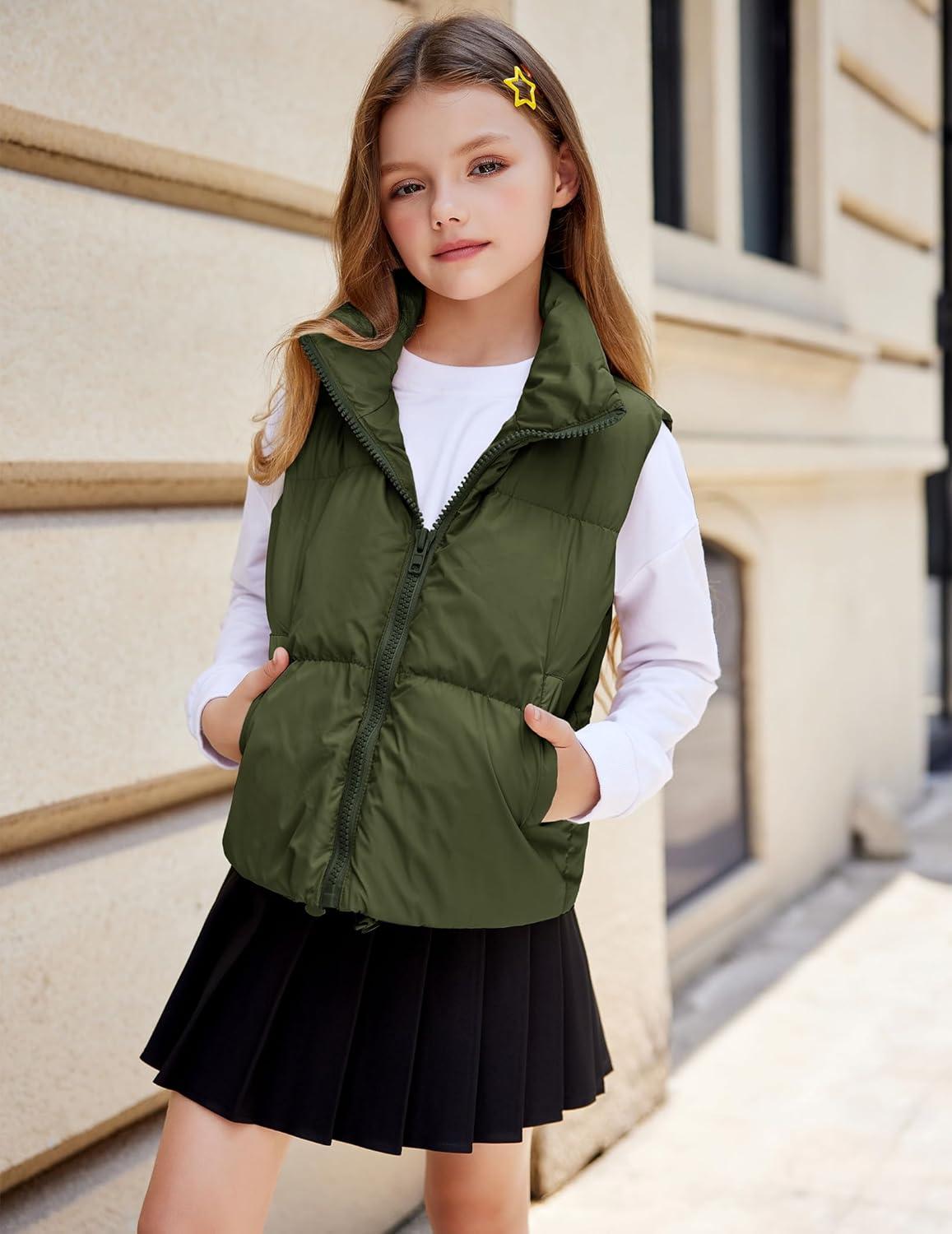 imageArshiner Girls Winter Zipper Puffer Vest Lightweight Sleeveless Outwear Puffy Vests for 512 Years OldArmy Green