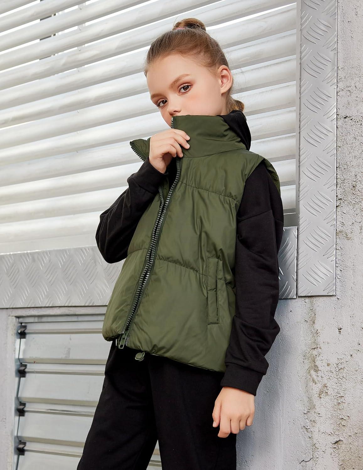imageArshiner Girls Winter Zipper Puffer Vest Lightweight Sleeveless Outwear Puffy Vests for 512 Years OldArmy Green