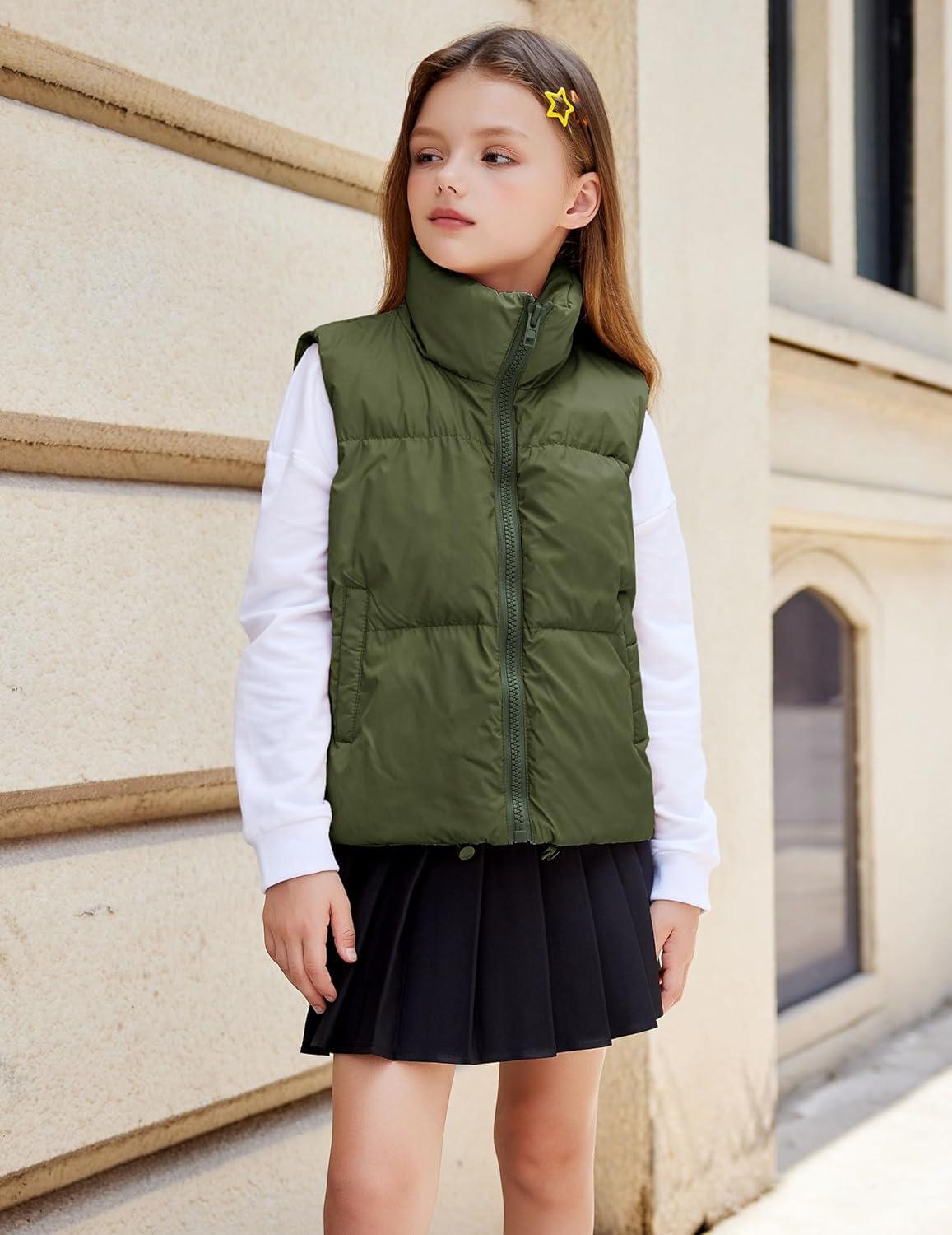 imageArshiner Girls Winter Zipper Puffer Vest Lightweight Sleeveless Outwear Puffy Vests for 512 Years OldArmy Green