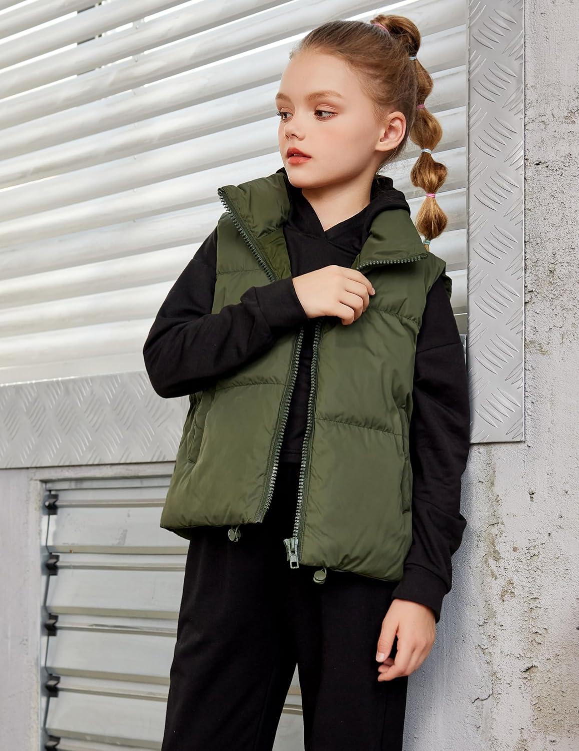 imageArshiner Girls Winter Zipper Puffer Vest Lightweight Sleeveless Outwear Puffy Vests for 512 Years OldArmy Green
