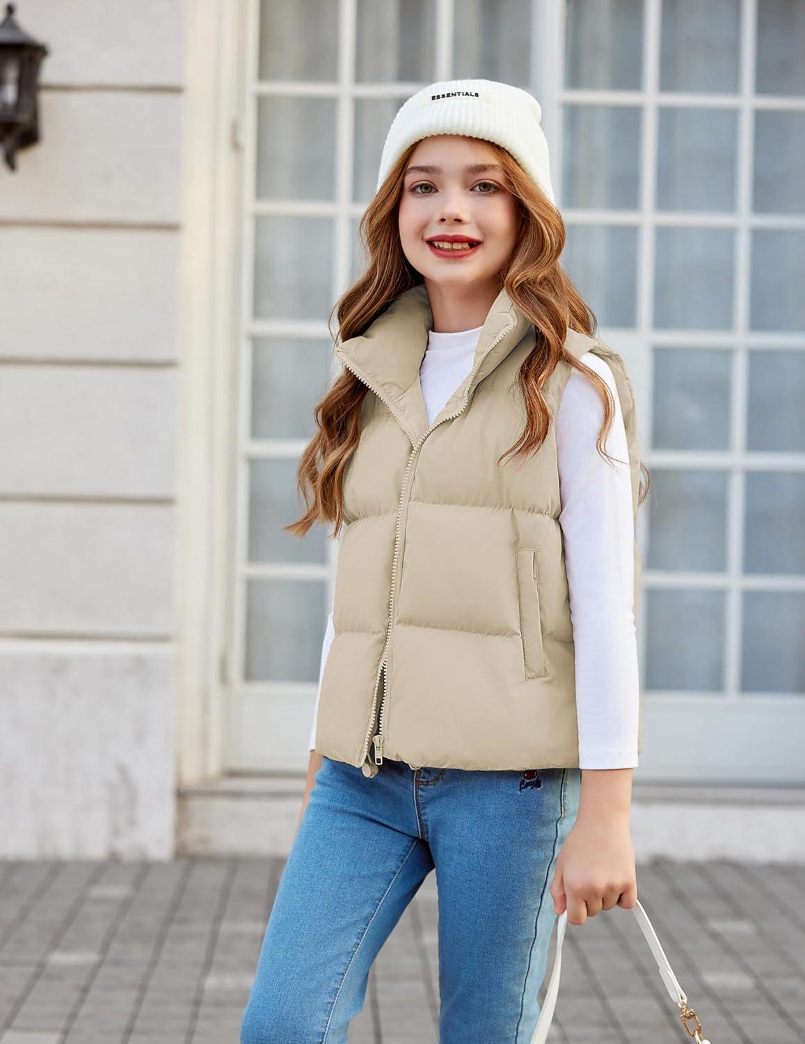 imageArshiner Girls Winter Zipper Puffer Vest Lightweight Sleeveless Outwear Puffy Vests for 512 Years OldBeige