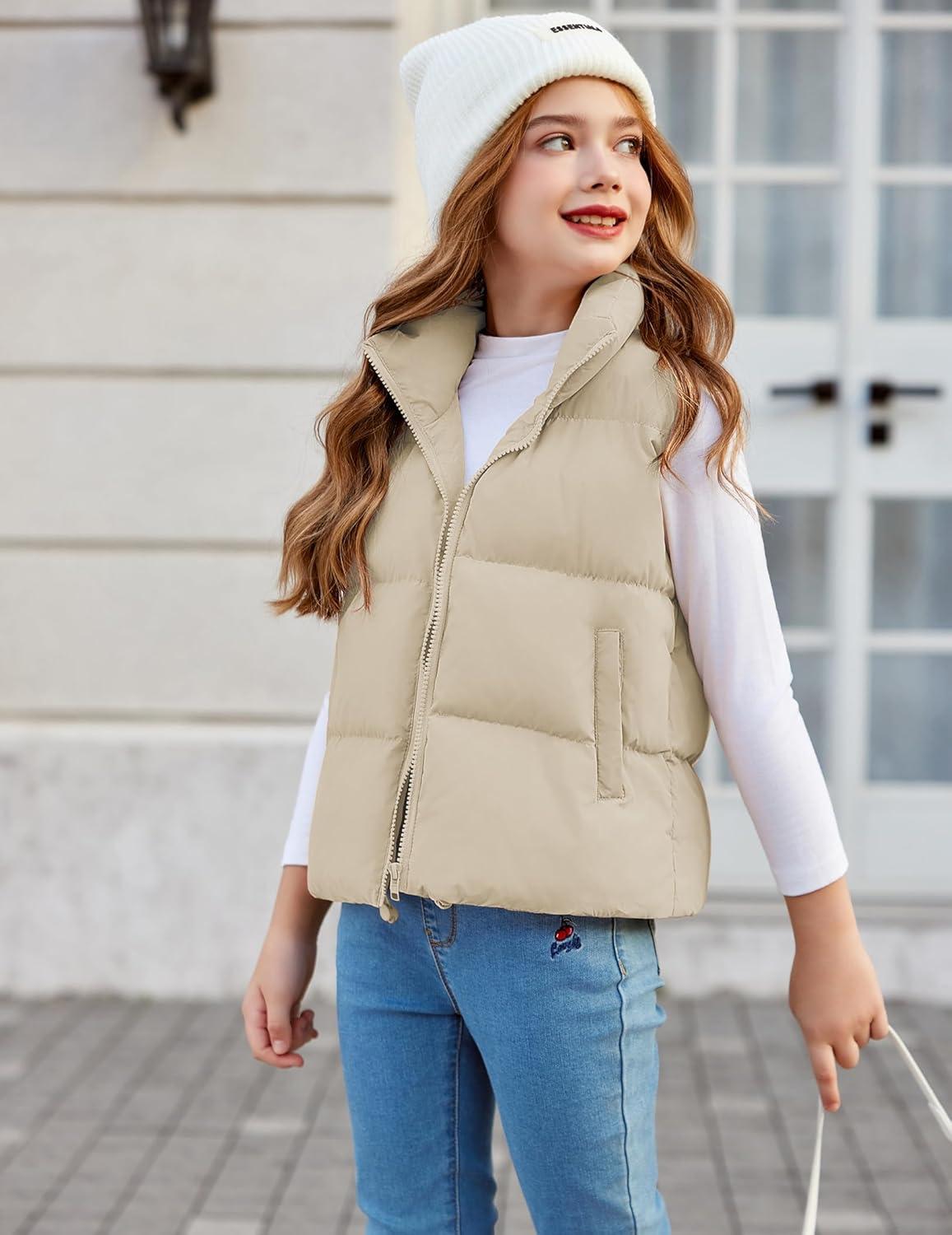 imageArshiner Girls Winter Zipper Puffer Vest Lightweight Sleeveless Outwear Puffy Vests for 512 Years OldBeige