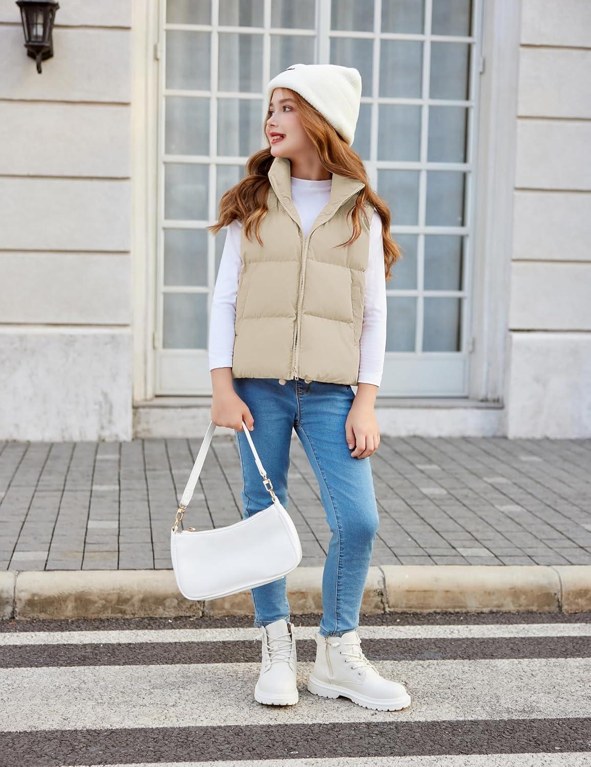 imageArshiner Girls Winter Zipper Puffer Vest Lightweight Sleeveless Outwear Puffy Vests for 512 Years OldBeige