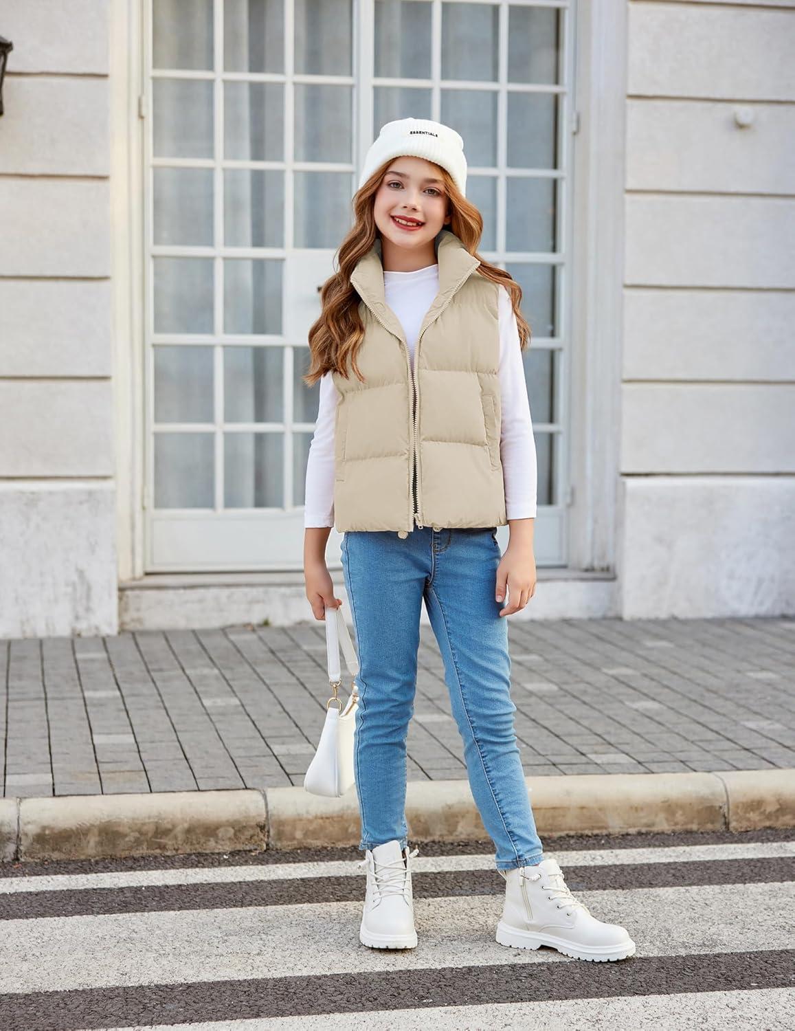 imageArshiner Girls Winter Zipper Puffer Vest Lightweight Sleeveless Outwear Puffy Vests for 512 Years OldBeige
