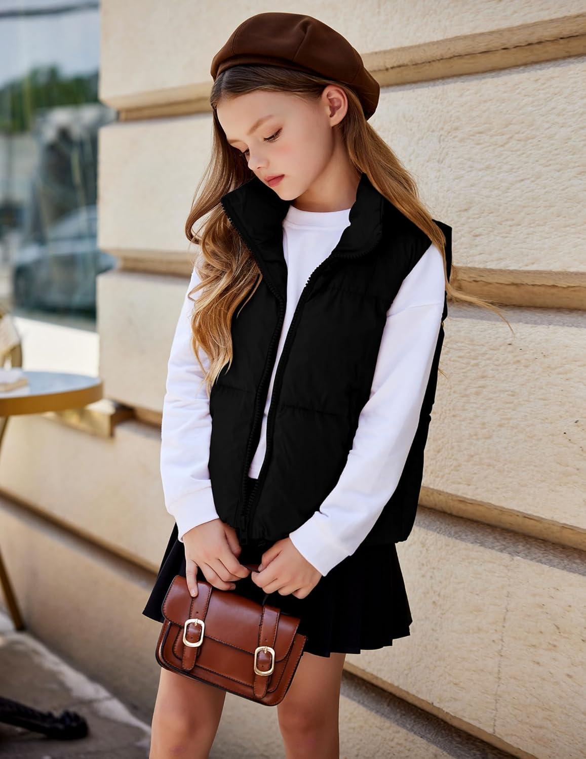 imageArshiner Girls Winter Zipper Puffer Vest Lightweight Sleeveless Outwear Puffy Vests for 512 Years OldBlack