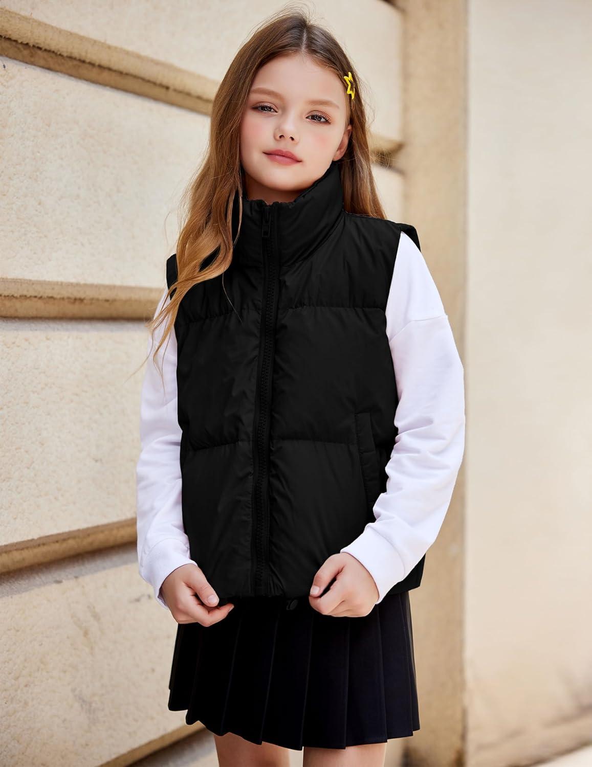 imageArshiner Girls Winter Zipper Puffer Vest Lightweight Sleeveless Outwear Puffy Vests for 512 Years OldBlack
