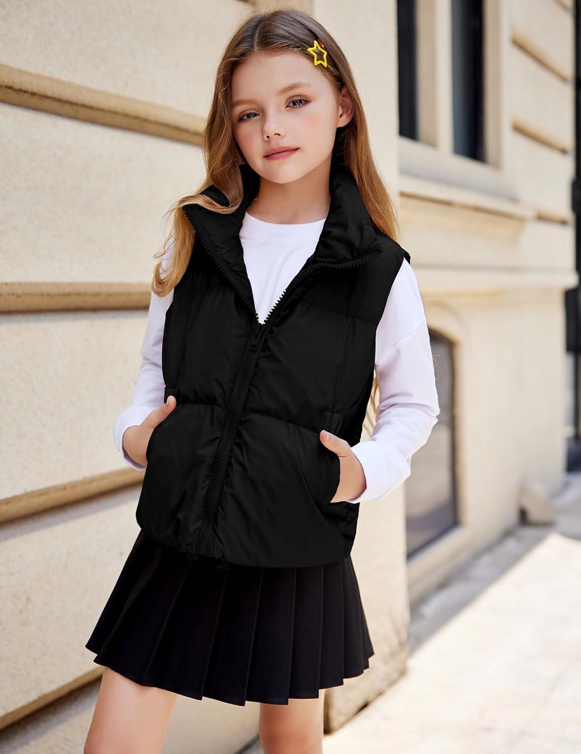 imageArshiner Girls Winter Zipper Puffer Vest Lightweight Sleeveless Outwear Puffy Vests for 512 Years OldBlack